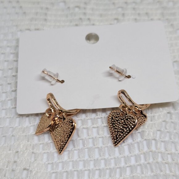 Double Heart Dangle Earrings Faux Crystal Red Silver Gold Tone .98 Inch Drop New - Picture 8 of 11